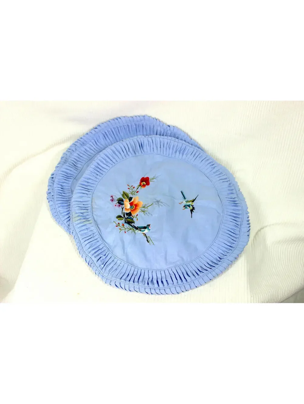 Vtg 50s Round Pillow Covers Set Pleated Cotton Silk Embroidery Hummingbird